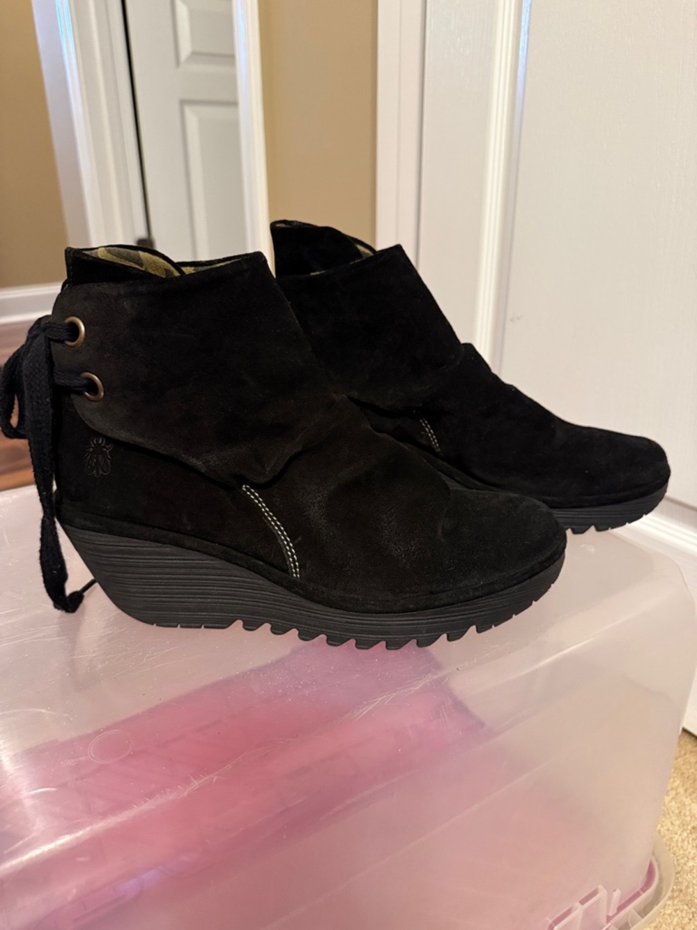 Black Suede Wedge Ankle Boots - Women